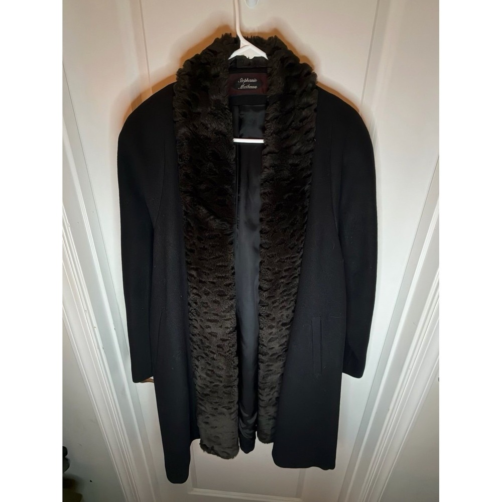Vintage Stephanie Mathews‎ Faux Fur Trimmed Wool Trench Coat Women's Medium NWOT
